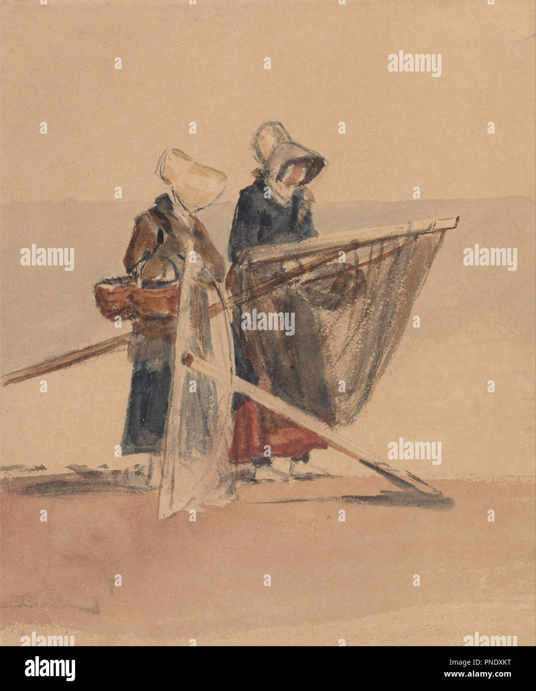 Two Girls with Shrimping Nets. Drawing. Watercolor and black chalk on medium, beige, smooth wove paper. Height: 225 mm (8.85 in); Width: 187 mm (7.36 in). Author: Peter DeWint. Stock Photo