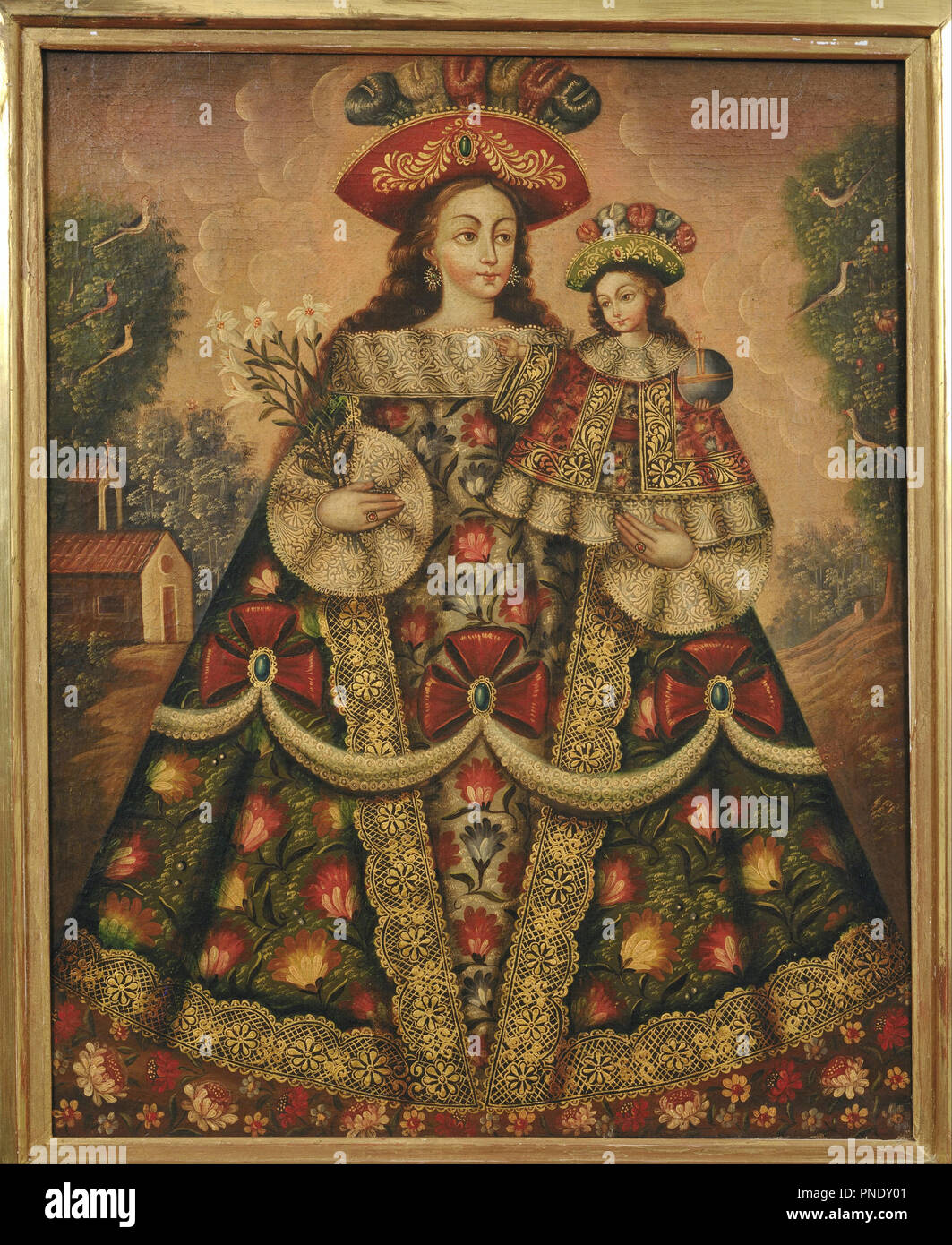 The Virgin of the Pilgrims and Child. Date/Period: 18th century. Painting. Oil on canvas Oil on canvas. Author: Anonymous, Cuzco School, Peru. Stock Photo