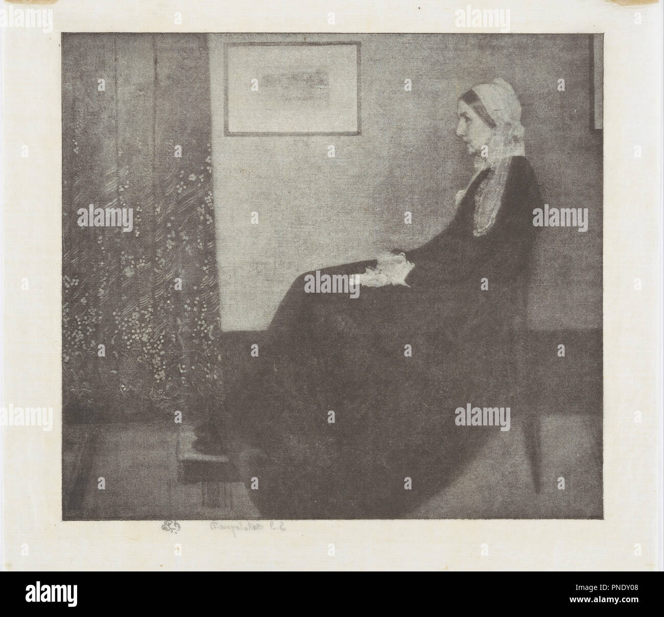Photomechanical reproduction in halftone, after Whistler's portrait of his mother, 'Arrangement in Grey and Black No. I'. Date/Period: By 1893. Print. Halftone print on paper. Height: 155 mm (6.10 in); Width: 173 mm (6.81 in). Author: WHISTLER, JAMES ABBOTT MCNEILL. Stock Photo
