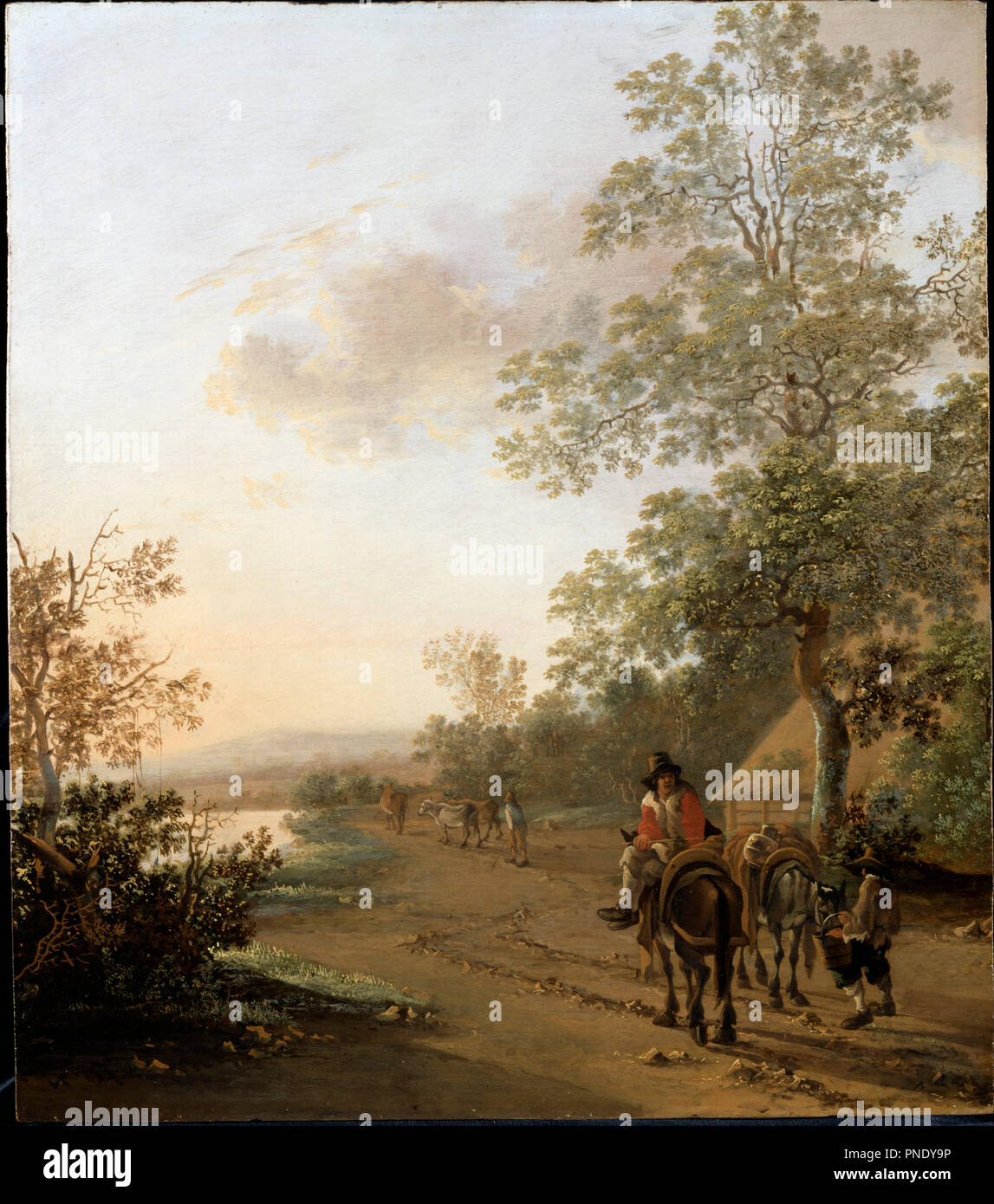 Road by the Edge of a Lake. Date/Period: Ca. 1637-42. Painting. Oil on panel Oil. Height: 572 mm (22.51 in); Width: 513 mm (20.19 in). Author: BOTH, JAN. Jan Both. Stock Photo