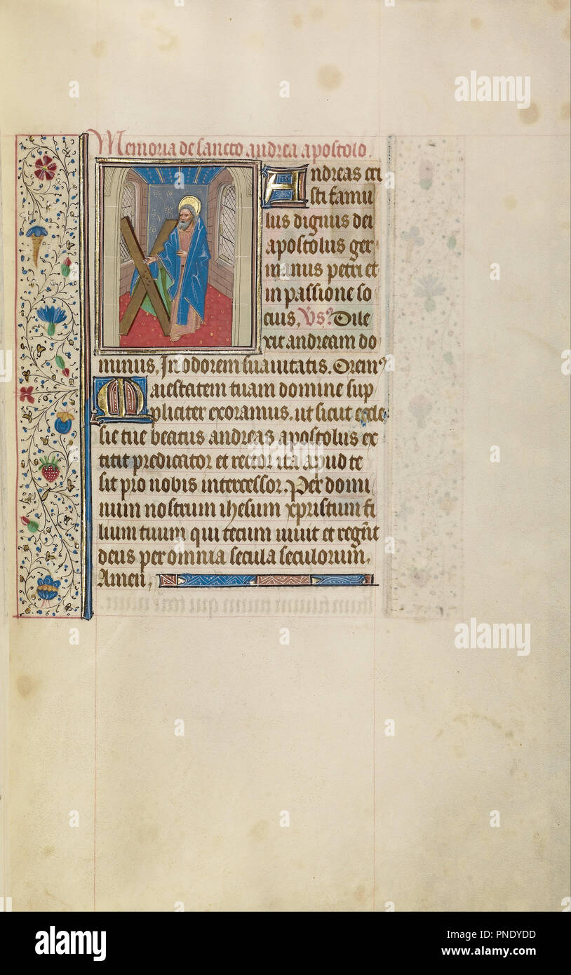 Saint Andrew. Date/Period: Early 1460s. Folio. Tempera colors, gold leaf, and ink on parchment. Height: 256 mm (10.07 in); Width: 173 mm (6.81 in). Author: Workshop of Willem Vrelant. Stock Photo