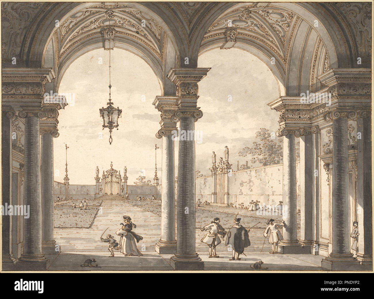 View through a Baroque Colonnade into a Garden, 1760-1768. Date/Period: From 1760 until 1768. Pen and brown ink, black-gray wash in two tones, partly visible perspective construction lines in black pencil. Pencil and ink. Author: CANALETTO. Stock Photo