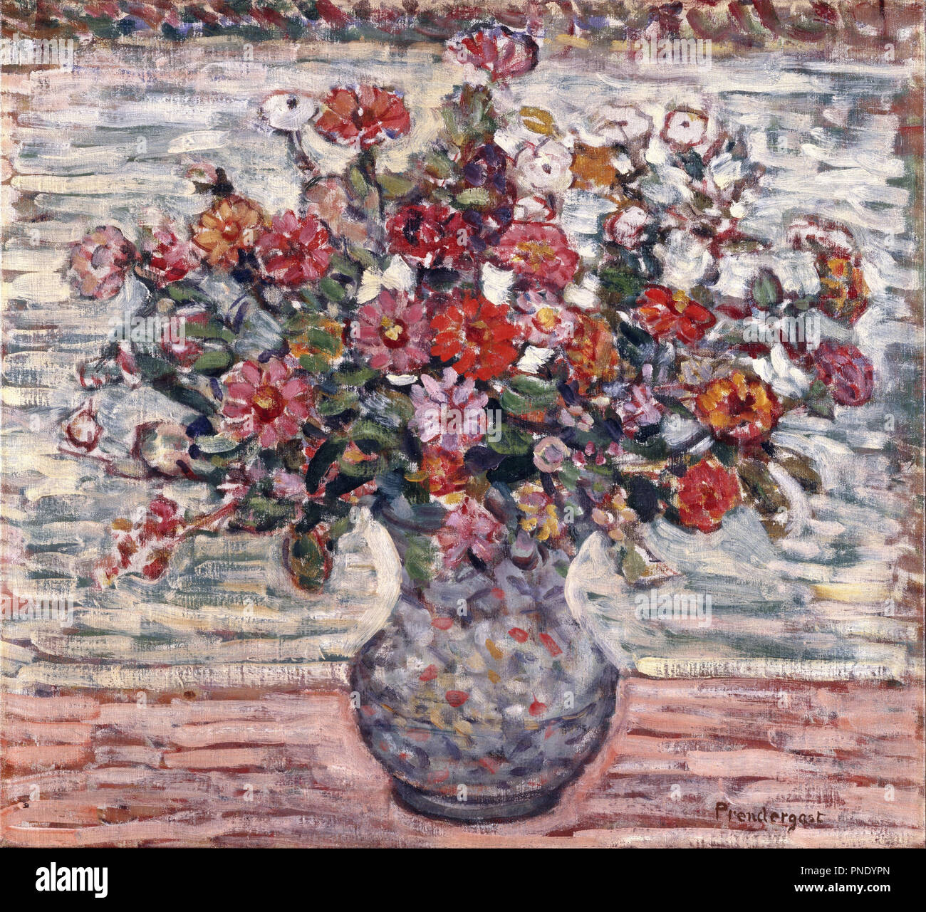 Flowers in a Vase (Zinnias). Date/Period: Ca. 1910-1913. Painting. Oil on canvas. Author: Maurice Prendergast. Stock Photo