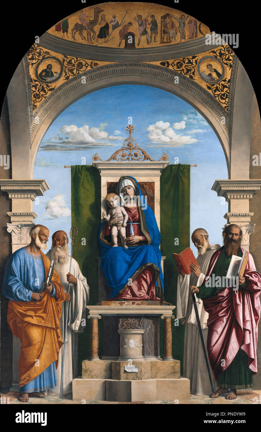 Enthroned Madonna with Child and SS Peter, Romualdus, Benedict and Paul. Date/Period: Ca. 1495. Painting. Oil on poplar wood. Height: 206 cm (81.1 in); Width: 135 cm (53.1 in). Author: CIMA DA CONEGLIANO, GIOVANNI BATTISTA. Stock Photo