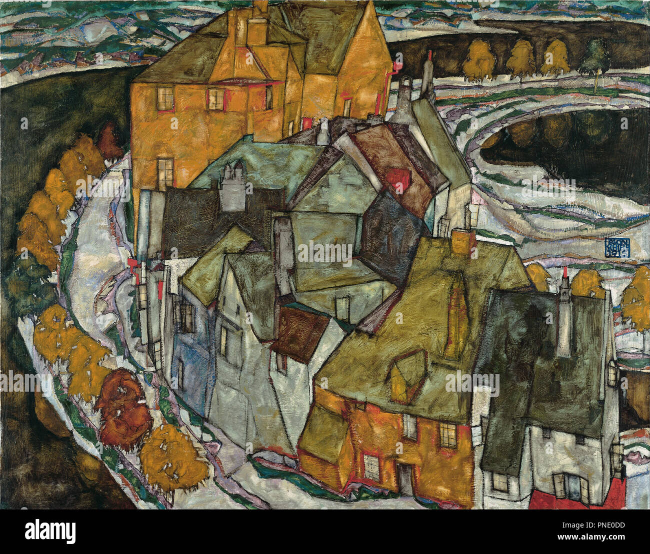 Der Häuserbogen II ("Inselstadt") Crescent of Houses II (Island Town). Date/Period: 1915. Painting. Oil on canvas. Height: 1,105 mm (43.50 in); Width: 1,405 mm (55.31 in). Author: EGON SCHIELE. SCHIELE, EGON. Stock Photo