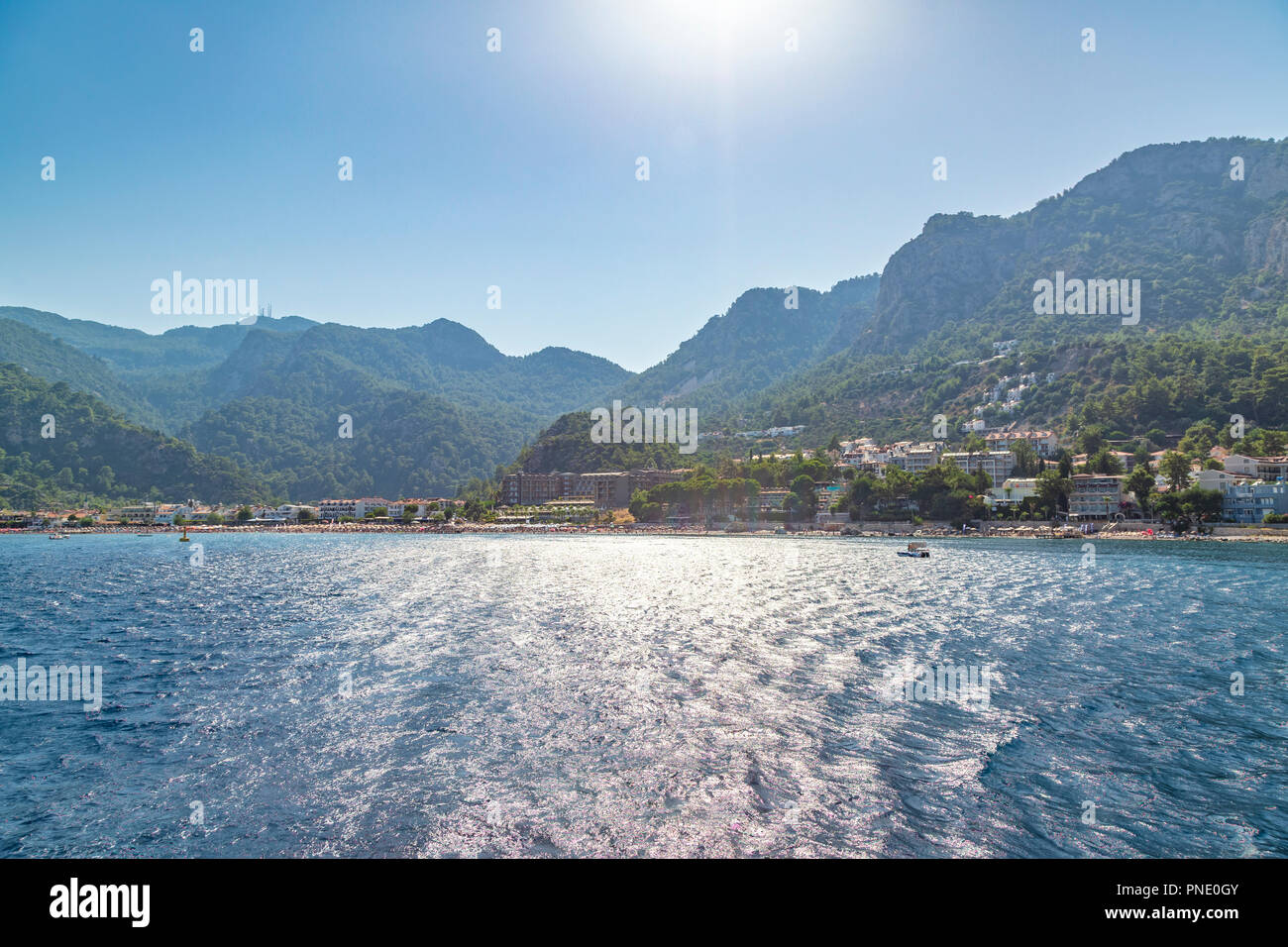 Turunc  beach from sea in Turunc, Marmaris, Turkey Stock Photo