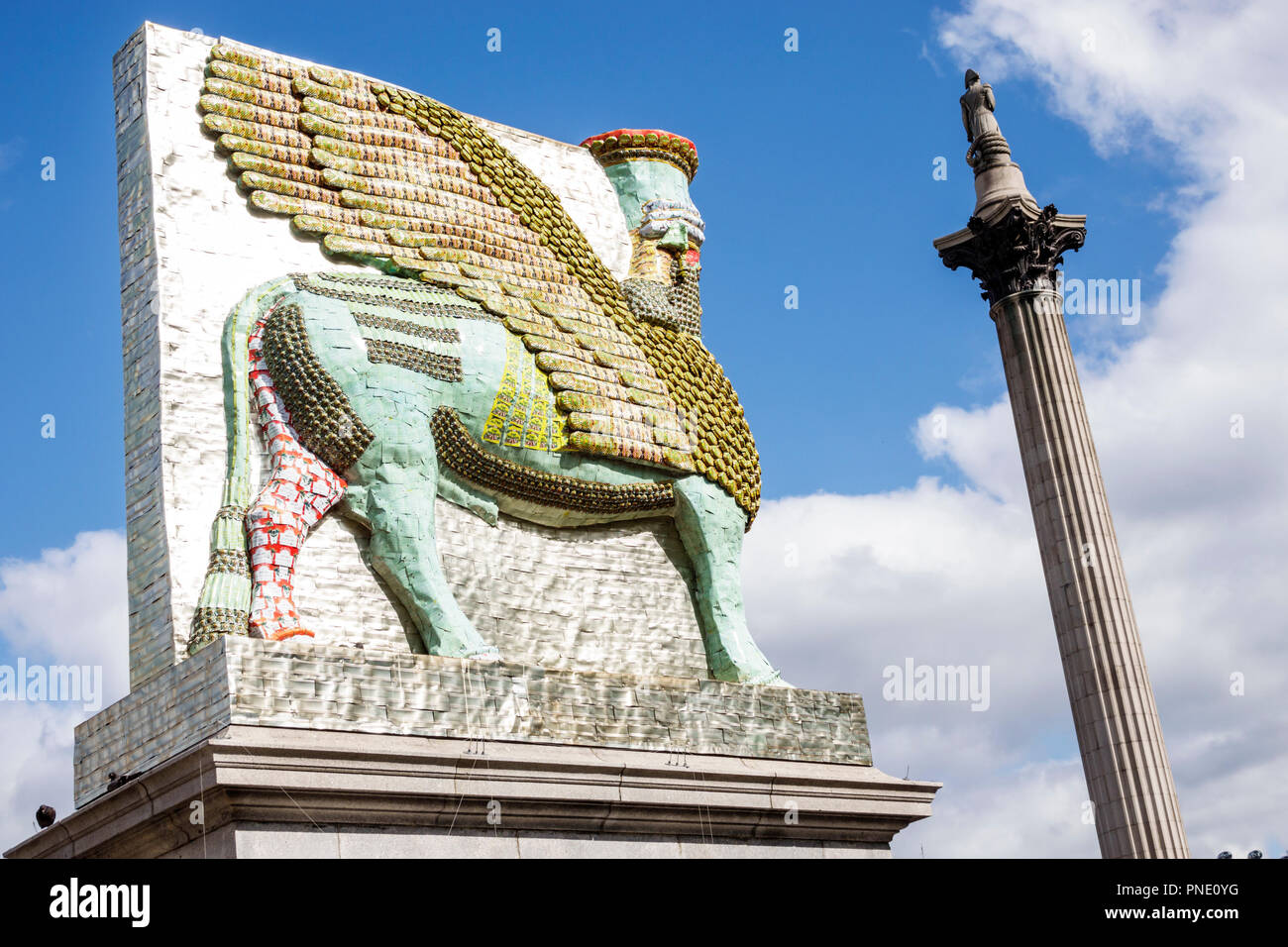 London England,UK,Trafalgar Square,Fourth plinth,public art,artwork,sculpture,The Invisible Enemy Should Not Exist,Michael Rakowitz,replica of Lamassu Stock Photo