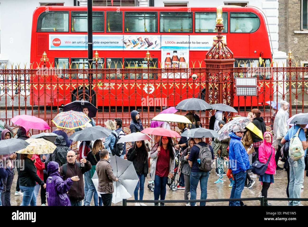London England,UK,Kensington,Natural History Museum,gate,rain rainy weather umbrella,crowd,ticket lilne,man men male,woman female women,double-decker Stock Photo