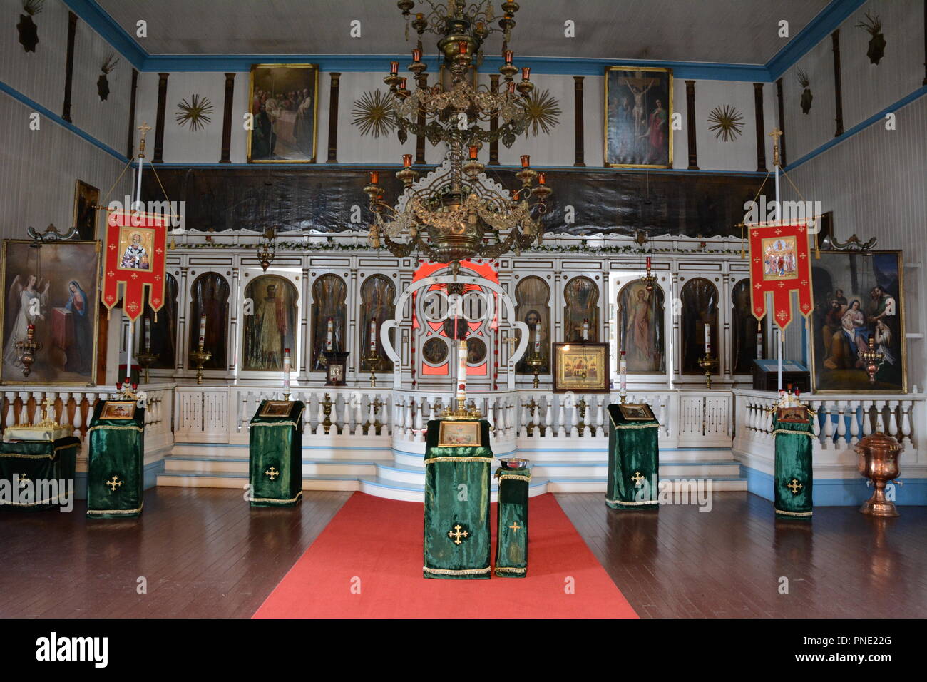 Interior of the Church of the Holy Ascension, a 19th century Orthodox church built by Russians, Unalaska Island, Aleutian archipelago, Alaska. Stock Photo