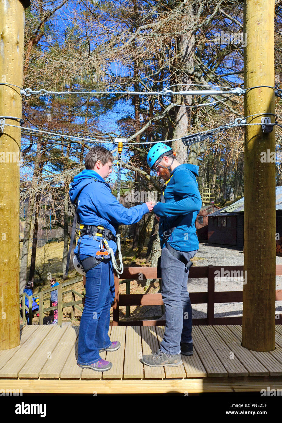 An instructor checking the harness of man about to go on a tree top course. Stock Photo