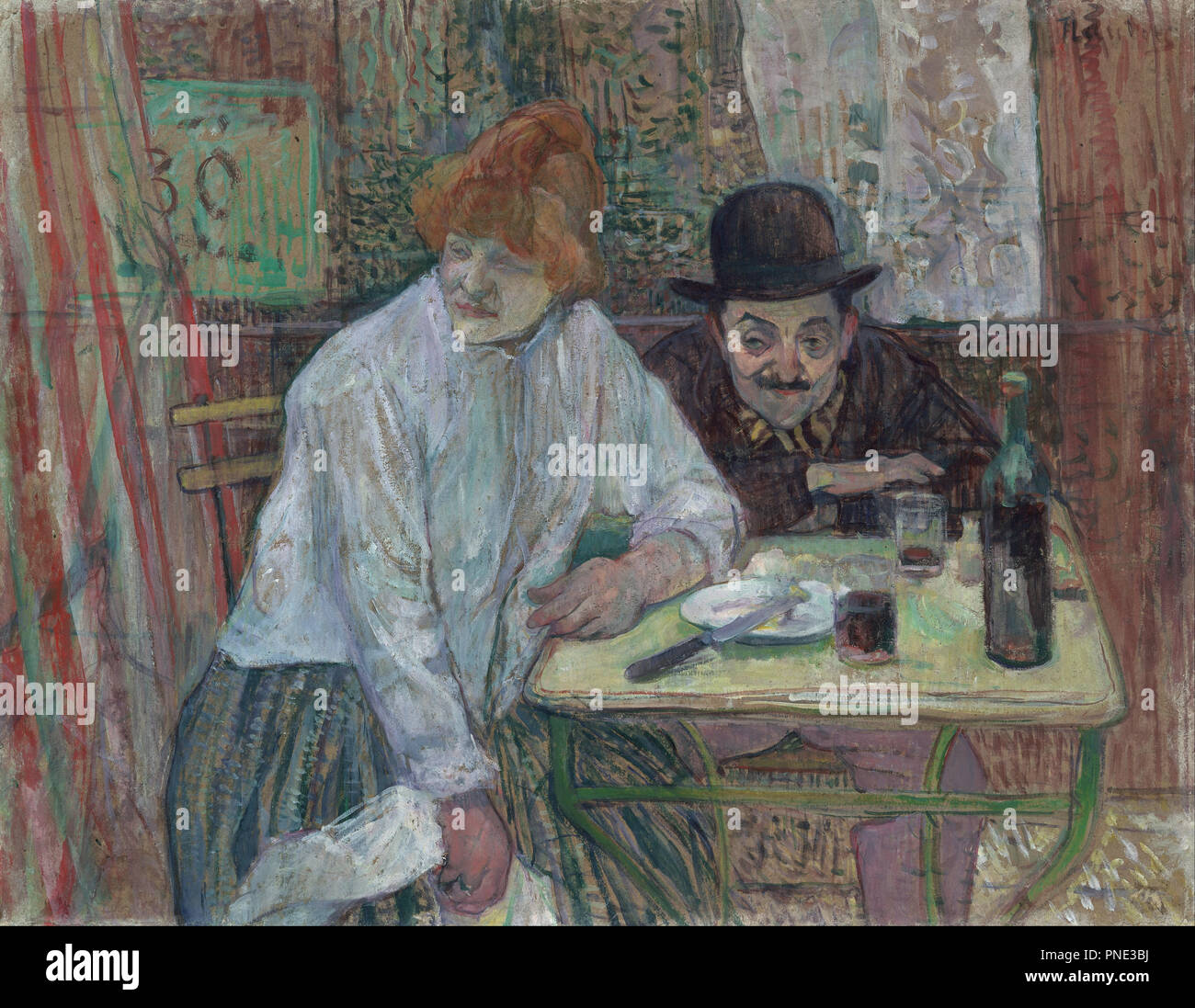 At the Café La Mie. Date/Period: Ca. 1891. Painting. Oil paint on millboard mounted on panel. Height: 530 mm (20.86 in); Width: 679 mm (26.73 in). Author: Henri de Toulouse-Lautrec. Stock Photo