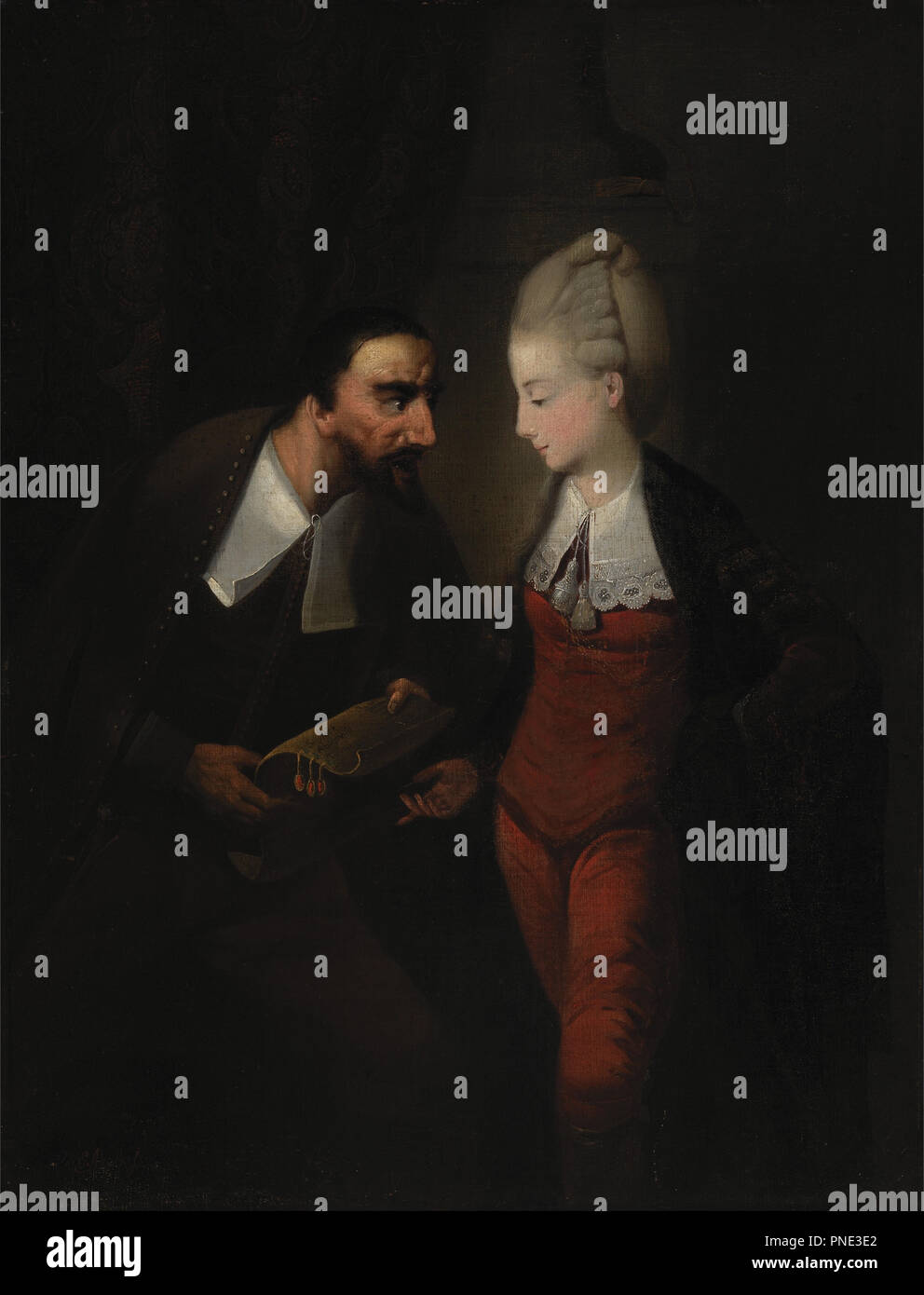 Portia and Shylock, from Shakespeare's 'The Merchant of Venice', IV, i. Date/Period: Ca. 1778. Painting. Oil on canvas. Height: 660 mm (25.98 in); Width: 508 mm (20 in). Author: Edward Alcock. Stock Photo