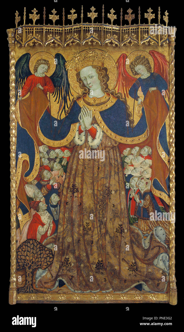 Virgin of Mercy. Date/Period: From 1430 until 1440. Painting. Tempera, stucco relief and gold leaf on wood. Height: 2,230 mm (87.79 in); Width: 1,268 mm (49.92 in). Author: BONANAT ZAORTIGA. Zaortiga, Bonanat. Stock Photo