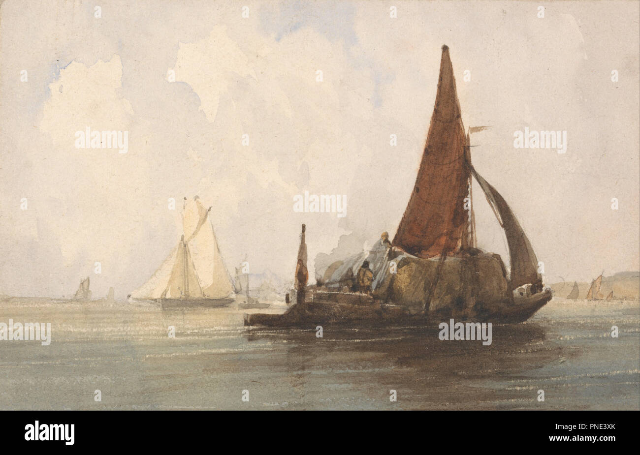 Hay Barge in a Calm Sea. Marine art. Watercolor and grahite on medium, cream, slightly textured wove paper. Height: 127 mm (5 in); Width: 197 mm (7.75 in). Author: CHARLES BENTLEY. Stock Photo
