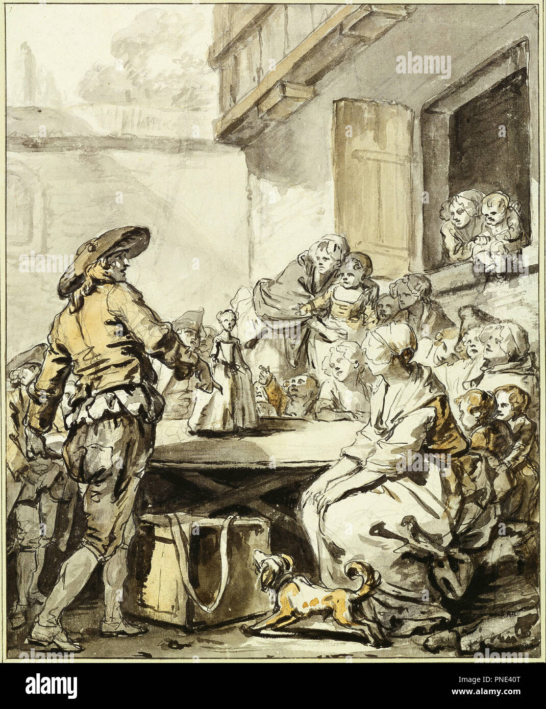 Savoyard with a Dancing Doll. Pen, brush and black and brown ink, wash, over graphite pencil. Author: Jean-Baptiste Greuze. Jean Baptiste Greuze. GREUZE, JEAN-BAPTISTE. Stock Photo