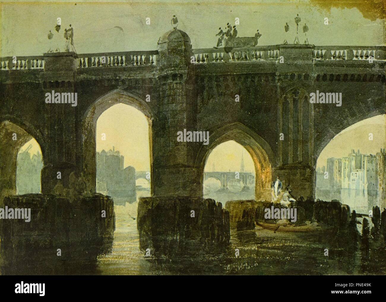 Old London Bridge. Date/Period: 1796-1897. Watercolor. Height: 26 cm (10.2 in); Width: 35.5 cm (13.9 in). Author: J. M. W. Turner. TURNER, JOSEPH MALLORD WILLIAM. Stock Photo