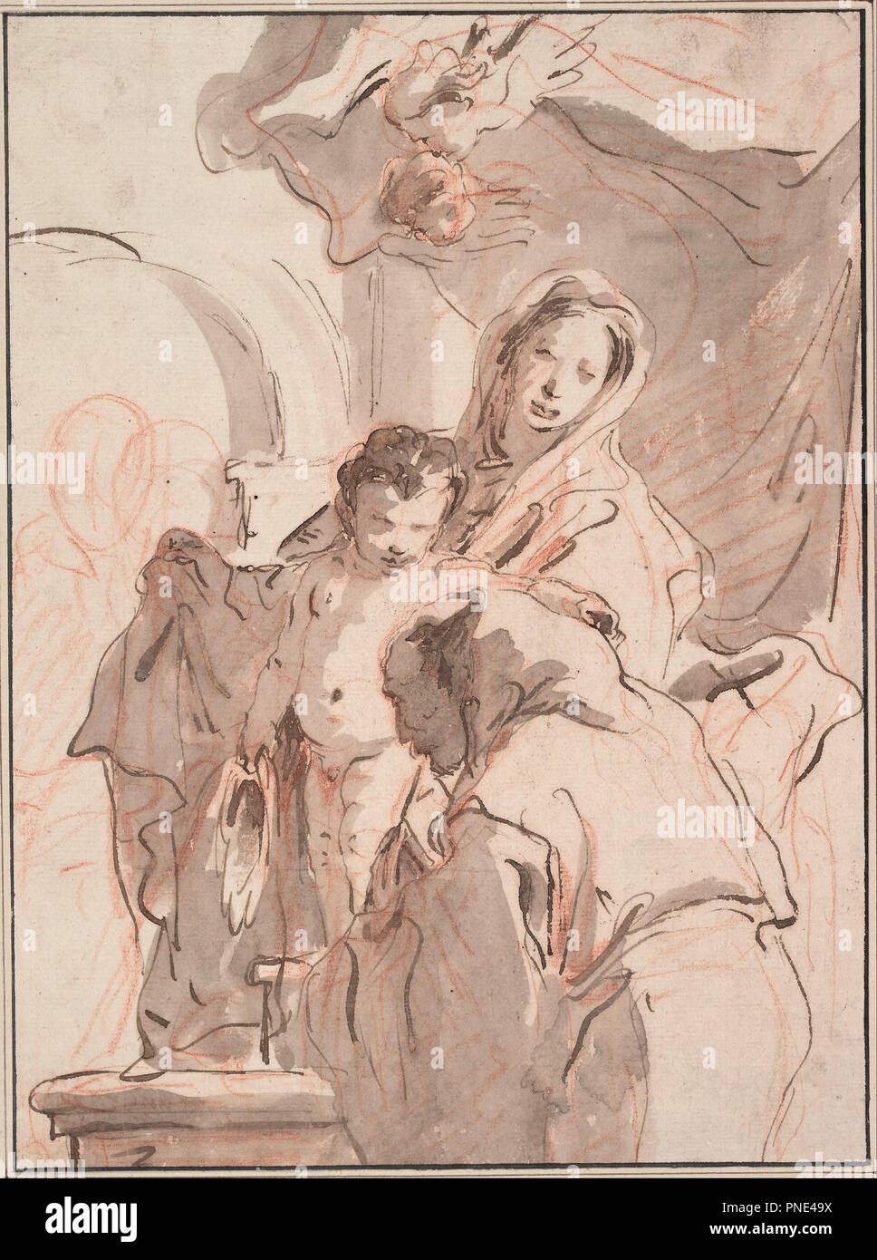 Madonna and Child with Saint, c. 1750-1760. Date/Period: Ca. 1750-1760. Pen and brown ink, brown-gray wash, over preparatory sketch in red chalk. Author: Giovanni Battista Tiepolo. Stock Photo