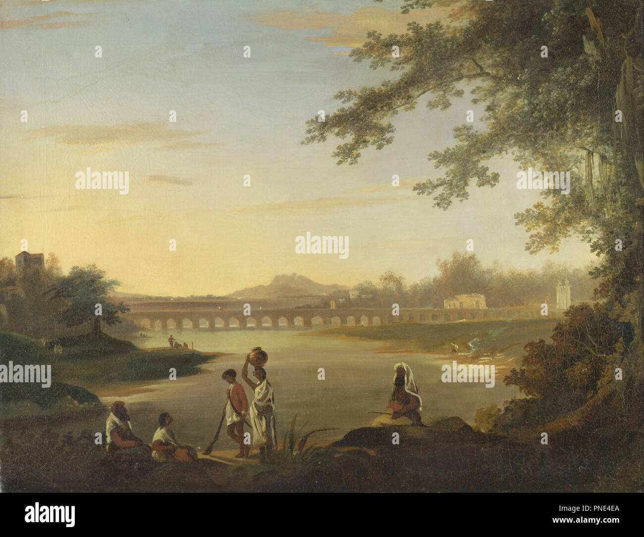 The Marmalong Bridge, with a Sepoy and Natives in the Foreground. Date/Period: Ca. 1783. Painting. Oil on canvas. Height: 883 mm (34.76 in); Width: 1,086 mm (42.75 in). Author: William Hodges. Stock Photo