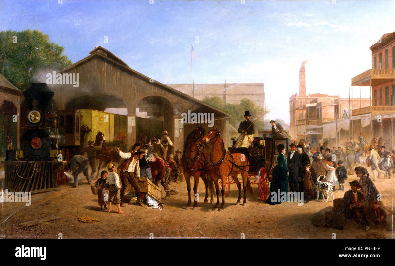 Sacramento Railroad Station. Date/Period: 1874. Painting. Height: 1,365 mm (53.74 in); Width: 2,228 mm (87.71 in). Author: WILLIAM HAHN. Stock Photo