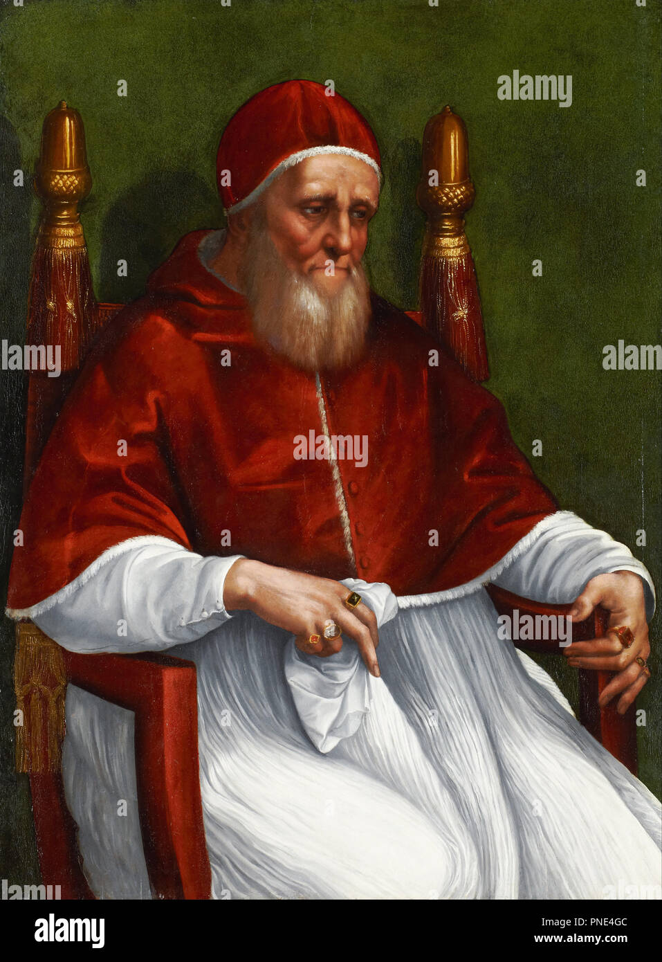 Portrait of Pope Julius II. Date/Period: 1511/1512. Oil on poplar wood. Height: 105.6 cm (41.5 in); Width: 78.5 cm (30.9 in). Author: RAPHAEL. Raphael (Raffaello Sanzio da Urbino). Stock Photo