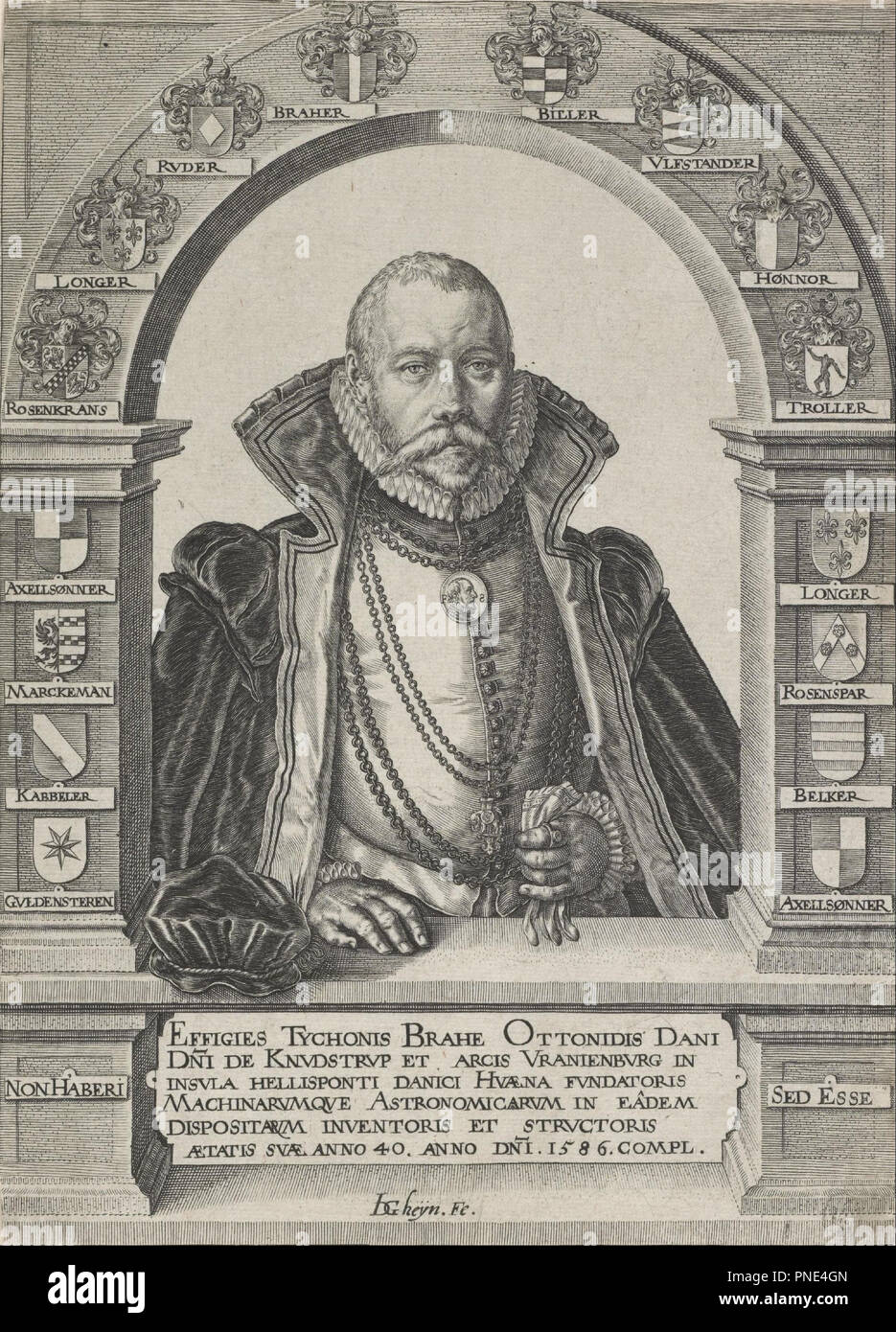 Portrait of Tycho Brahe, astronomer (without a hat). Date/Period: 1585/1595. Engraving. Width: 13.7 cm. Height: 18.7 cm (sheet). Author: Jacques de Gheyn II. JAQUES DE GHEYN DER JÜNGERE. Stock Photo