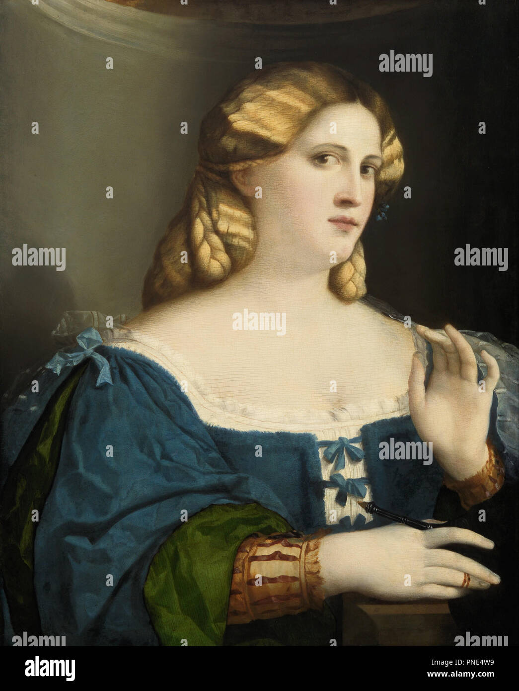 Young Woman in a Blue Dress, with Fan. Date/Period: 1512 - 1514. Painting. Oil. Height: 635 mm (25 in); Width: 510 mm (20.07 in). Author: Jacopo Negretti, called Palma il Vecchio. Palma Vecchio (Jacopo Nigretti). Palma il Vecchio, Jacopo, the Elder. Stock Photo