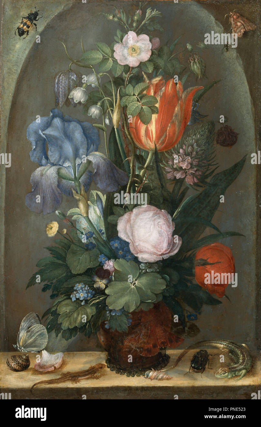 Flower Still Life with Two Lizards. Date/Period: 1603. Painting. Height: 29 mm (1.14 in); Width: 19 mm (0.74 in). Author: ROELANT SAVERY. SAVERY, ROELANDT. SAVERY, ROELANT. Stock Photo