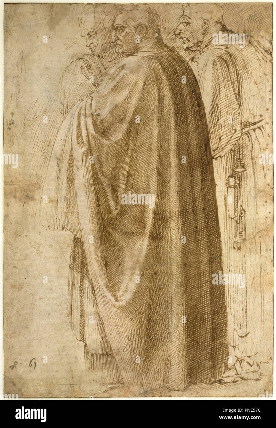 Three Standing Men in Wide Cloaks Turned to the Left (recto), c.