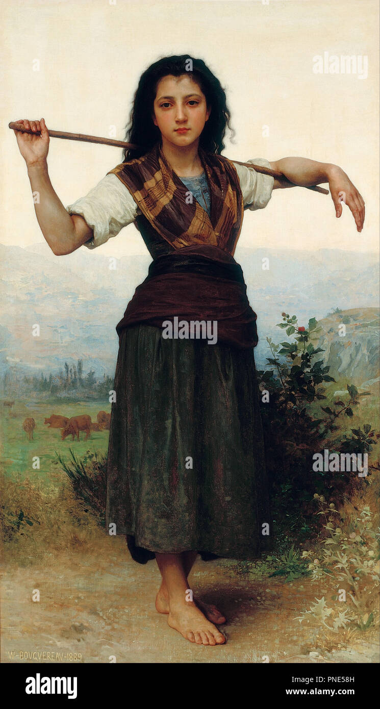 Pastourelle [The Little Shepherdess]. Date/Period: 1889. Painting. Oil on canvas. Height: 159 cm (62.5 in); Width: 93 cm (36.6 in). Author: William-Adolphe Bouguereau. Stock Photo