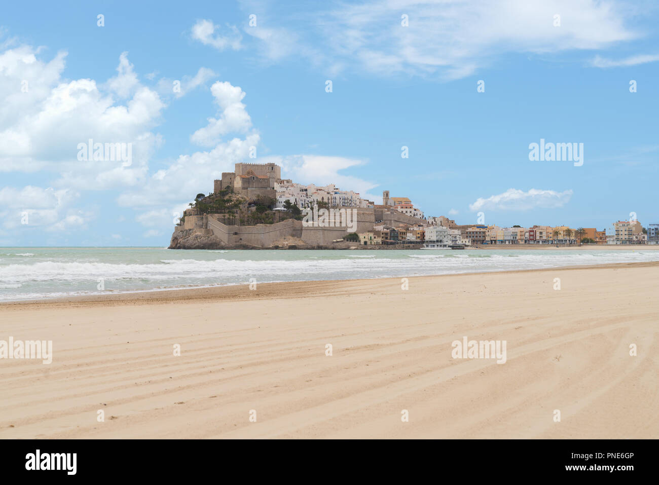 Pope Luna's Castle. Valencia, Spain. Peniscola. Castell. The medieval castle of the Knights Templar on the beach. Beautiful view of the sea and the ba Stock Photo