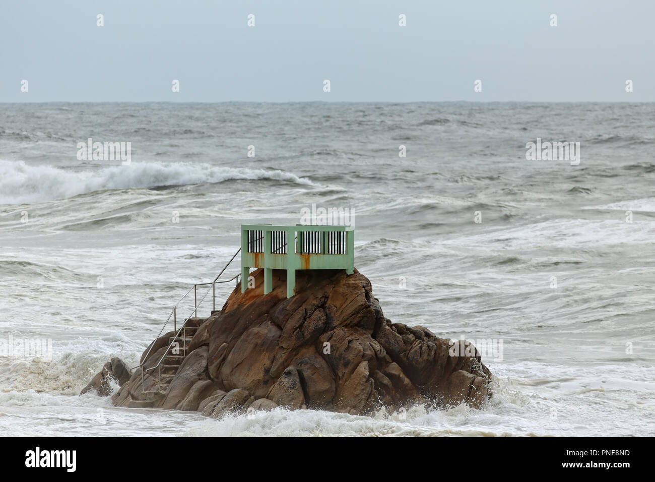 Beach of Vila do Conde belvedere, north of Portugal, during flood tide. Late summer. Stock Photo