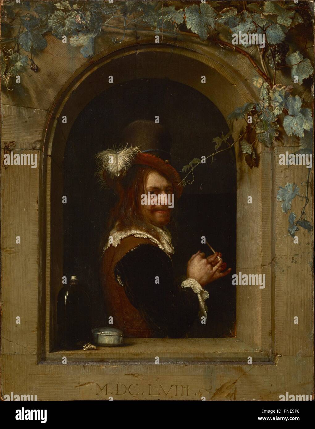 Man with Pipe at the Window. Date/Period: 1658. Painting. Oil on panel. Height: 19.8 cm (7.7 in); Width: 15.7 cm (6.1 in). Author: Frans van Mieris the Elder. Mieris, Frans van, the Elder. Stock Photo