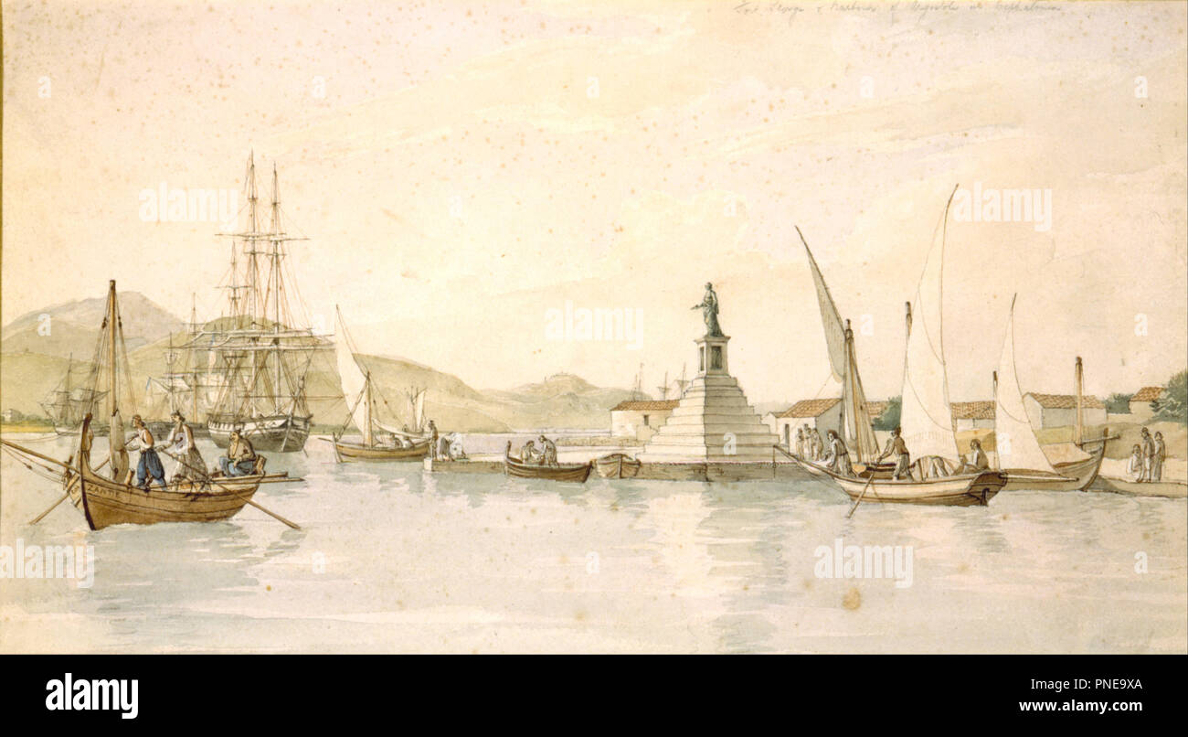 View of Argostoli on the island of Cephalonia. Date/Period: Ca. 1820. Painting. Watercolor. Height: 32 cm (12.5 in); Width: 58 cm (22.8 in). Author: Cartwright Joseph. Stock Photo