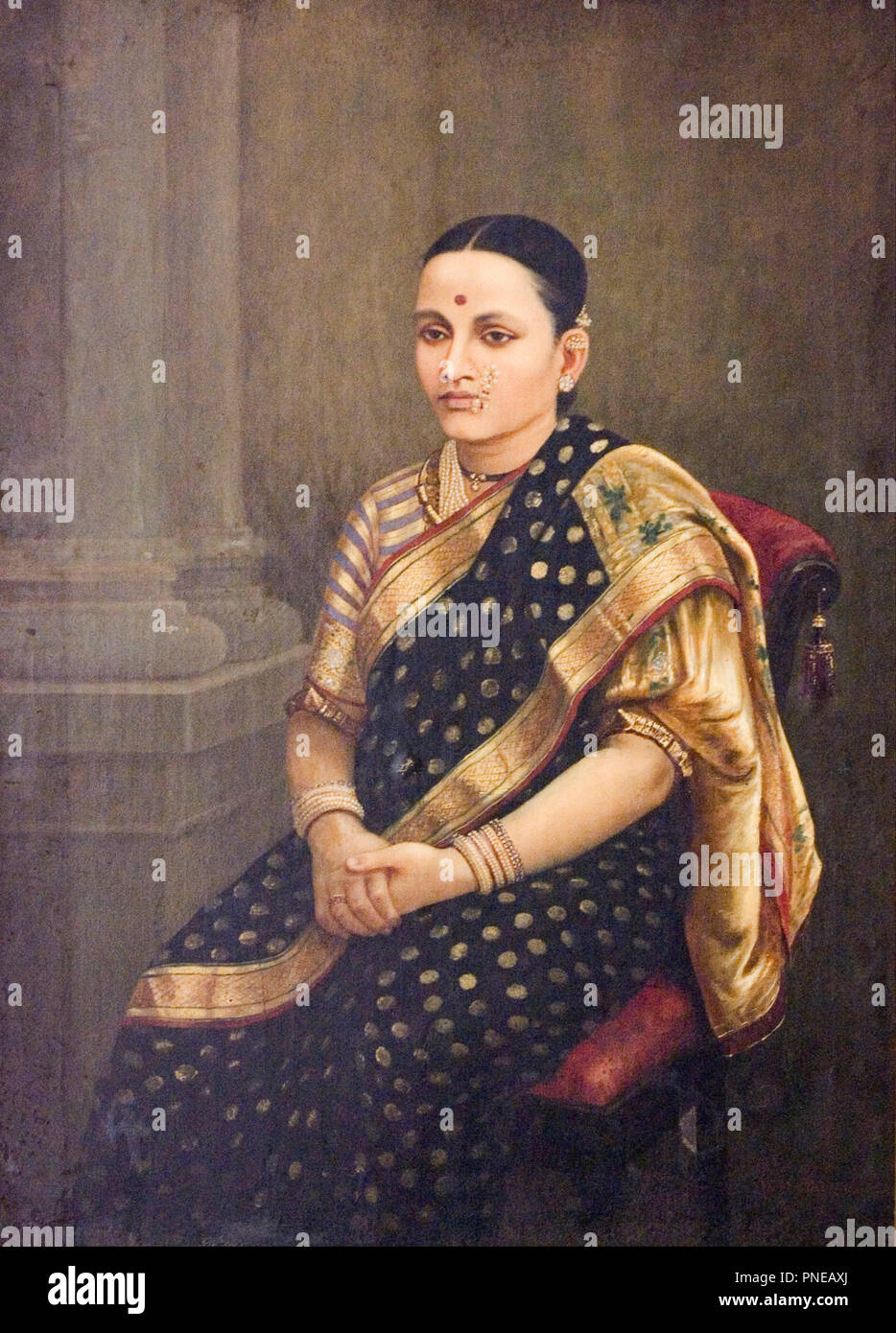 Portrait of a Lady. Date/Period: Late 19th century. Painting. Oil on canvas. Height: 1,200 mm (47.24 in); Width: 863 mm (33.97 in). Author: RAJA RAVI VARMA. Stock Photo