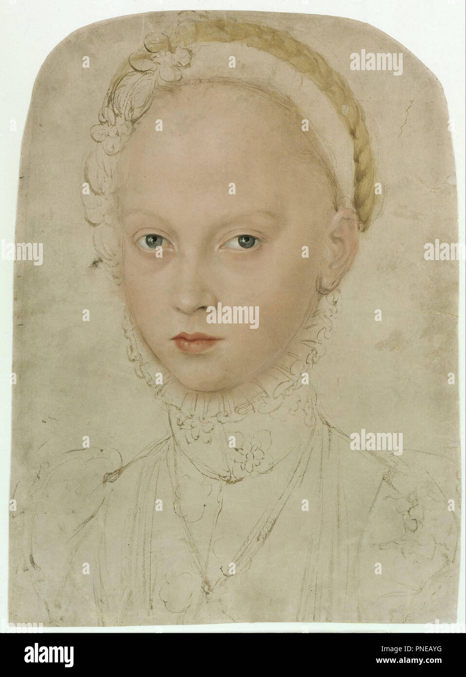 Portrait of Princess Elisabeth of Saxony. Date/Period: 1564. Paper. Brush, sketched in brown, face and plait of hair executed in oils; paper prepared with light pink oil paint Brush, sketched in brown, face and plait of hair executed in oils; paper prepared with light pink oil paint. Height: 388 mm (15.27 in); Width: 285 mm (11.22 in). Author: Lucas Cranach the Younger. LUCAS CRANACH, THE YOUNGER. CRANACH, LUCAS THE YOUNGER. Stock Photo