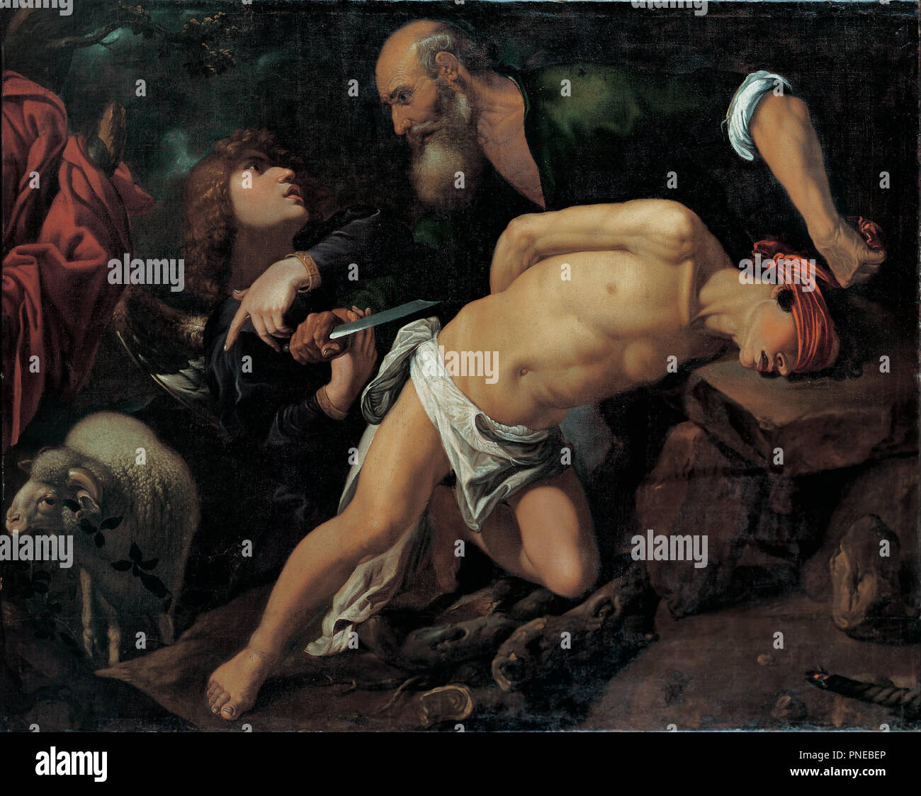 El sacrificio de Isaac / The Sacrifice of Isaac. Date/Period: Ca. 1616. Painting. Oil on canvas. Height: 133.5 cm (52.5 in); Width: 167 cm (65.7 in). Author: PEDRO ORRENTE. Orrente, Pedro de. Stock Photo