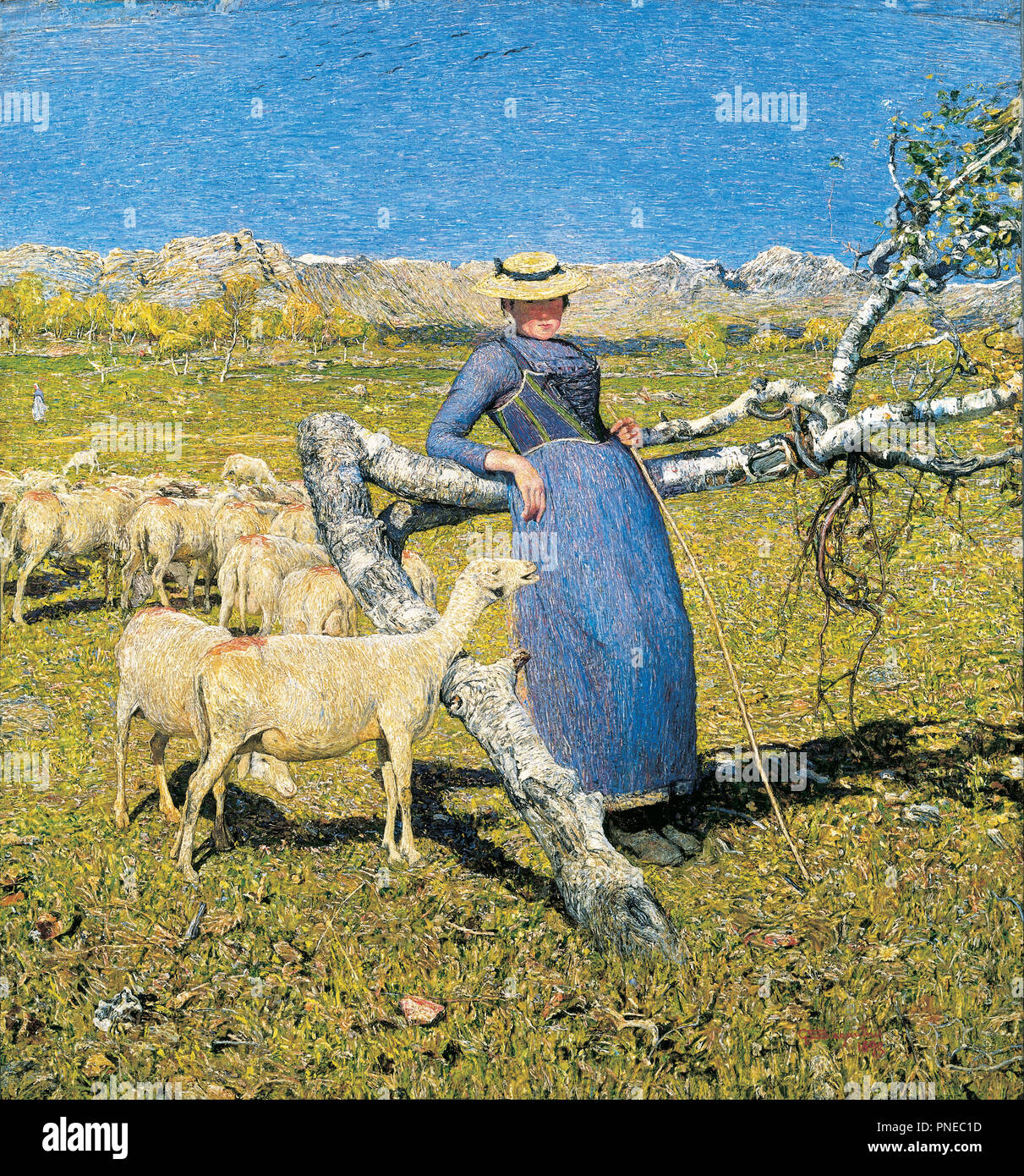 High Noon in the Alps. Date/Period: 1892. Painting. Oil on canvas. Height: 860 mm (33.85 in); Width: 800 mm (31.49 in). Author: GIOVANNI SEGANTINI. SEGANTINI, GIOVANNI. Stock Photo