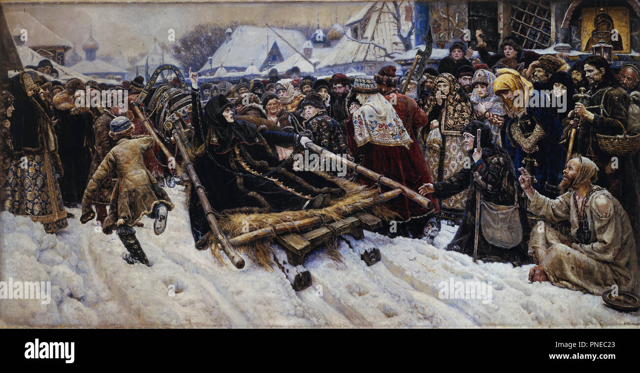 Boyarina Morozova. Date/Period: 1887. Painting. Oil on canvas. Height: 304 cm (119.6 in); Width: 587.5 cm (19.2 ft). Author: Vasily Surikov. Surikov, Vassily Ivanovitch. Surikov, Vasilij Ivanovic. Surikov, Vasili Ivanovich. Stock Photo