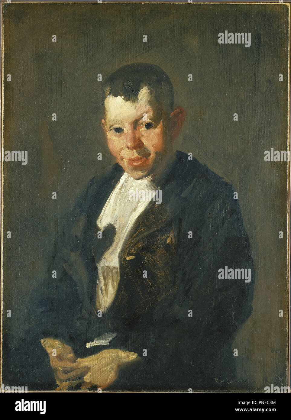 The Newsboy. Date/Period: October 1908. Painting. Oil on canvas. Height: 76.5 cm (30.1 in); Width: 56.2 cm (22.1 in). Author: George Bellows. Stock Photo