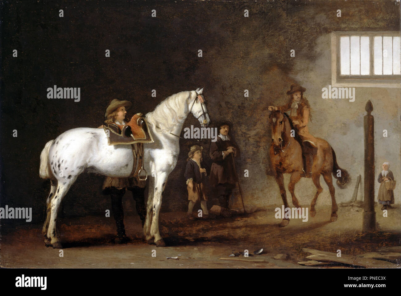 White Horse in a Riding School. Date/Period: Before 1722. Painting. Oil on panel Oil. Height: 349 mm (13.74 in); Width: 520 mm (20.47 in). Author: van Calraet, Abraham. Abraham van Calraet. Stock Photo