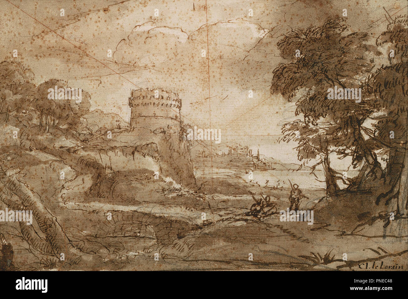 Landscape with Round Tower and Bay. Date/Period: 1635/1640. Width: 218 mm. Height: 150 mm (Complete). Author: Claude Lorrain. Stock Photo