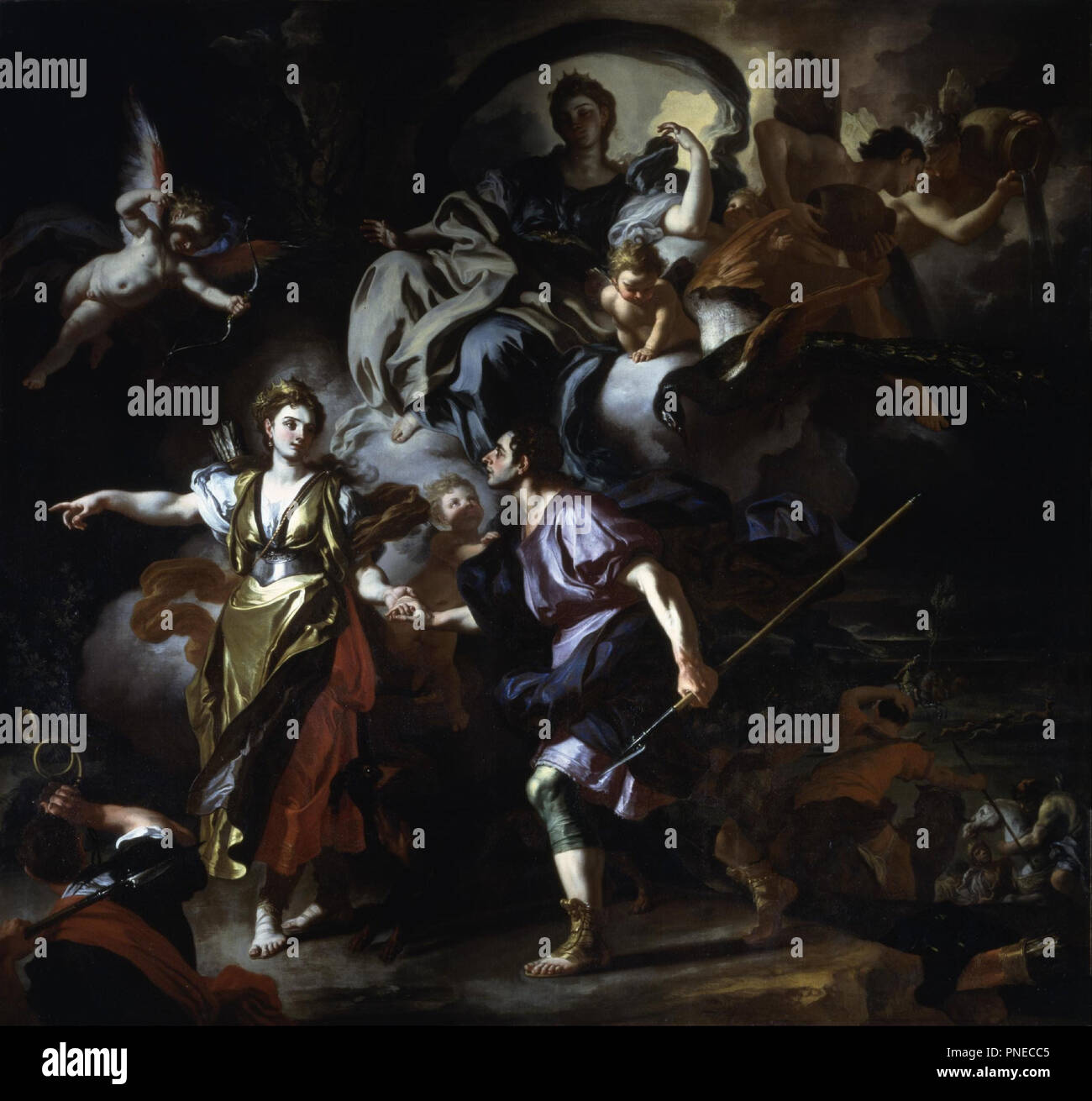 The Royal Hunt of Dido and Aeneas. Date/Period: Ca. 1712 - 1714. Painting. Oil on canvas Oil on canvas. Height: 303 mm (11.92 in); Width: 321 mm (12.63 in). Author: Francesco Solimena. Stock Photo