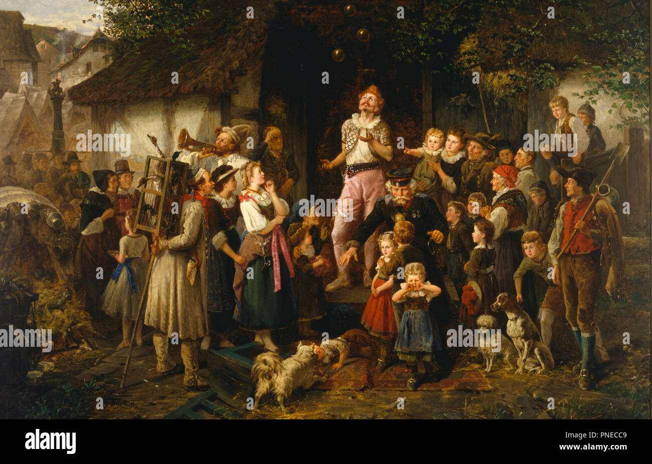 The juggler: a village fair. Date/Period: 1873. Painting. Oil on canvas. Height: 1,199 mm (47.20 in); Width: 1,849 mm (72.79 in). Author: FRITZ BEINKE. BEINKE, FRITZ. Stock Photo