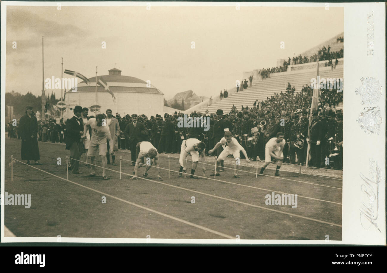 Olympic Games, 1896; preparation for the 100-meter race. Date/Period: 1896. Photograph. Height: 128 mm (5.03 in); Width: 187 mm (7.36 in). Author: Meyer Albert. MEYER, ALBERT. Stock Photo