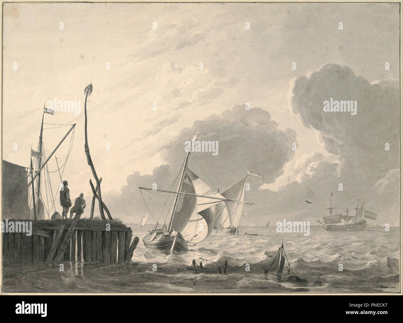 Harbor on the Sea in Gathering Thunderstorm. Brush and gray ink, gray wash, white bodycolor over graphite pencil. Author: Ludolf Bakhuizen. Stock Photo
