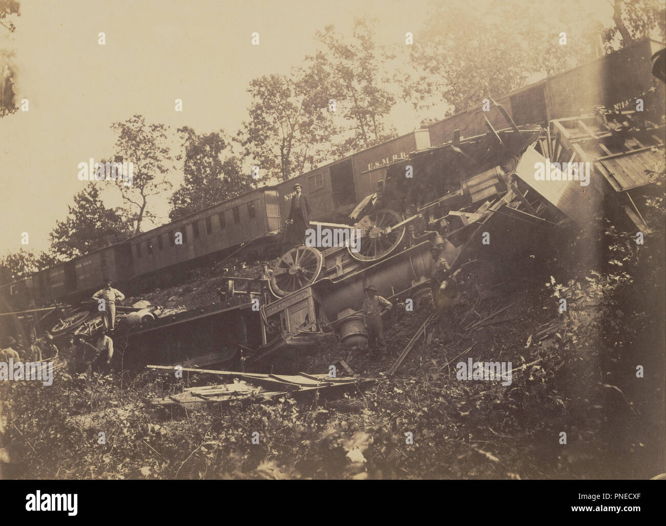 Railroad Accident Caused by Rebels. Date/Period: 1862. Print. Albumen silver. Height: 235 mm (9.25 in); Width: 325 mm (12.79 in). Author: ANDREW J. RUSSELL. Stock Photo