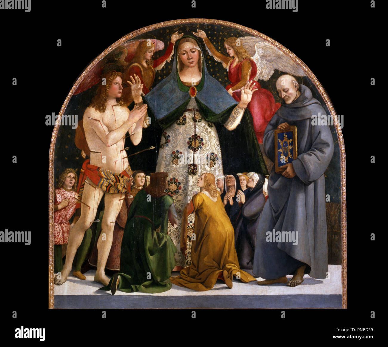 Madonna of Mercy and Saints Sebastian and Bernard of Siena. Date/Period: Ca. 1490. Painting. Tempera on panel. 210 × 215 cm (82.6 × 84.6 in). Author: LUCA SIGNORELLI. SIGNORELLI, LUCA. Stock Photo