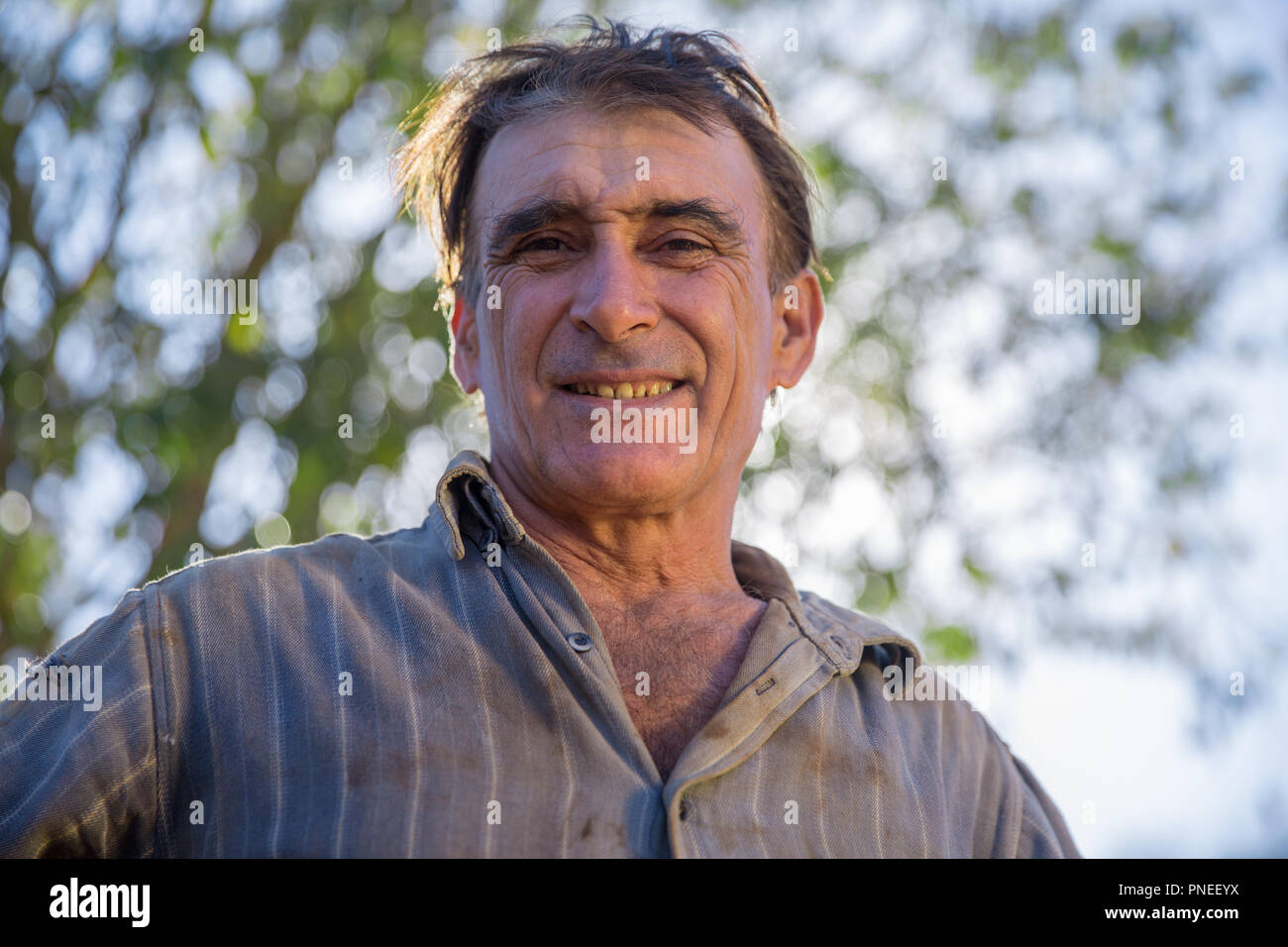 Farmer - Sad middle-aged man with wrinkles on his face Stock Photo