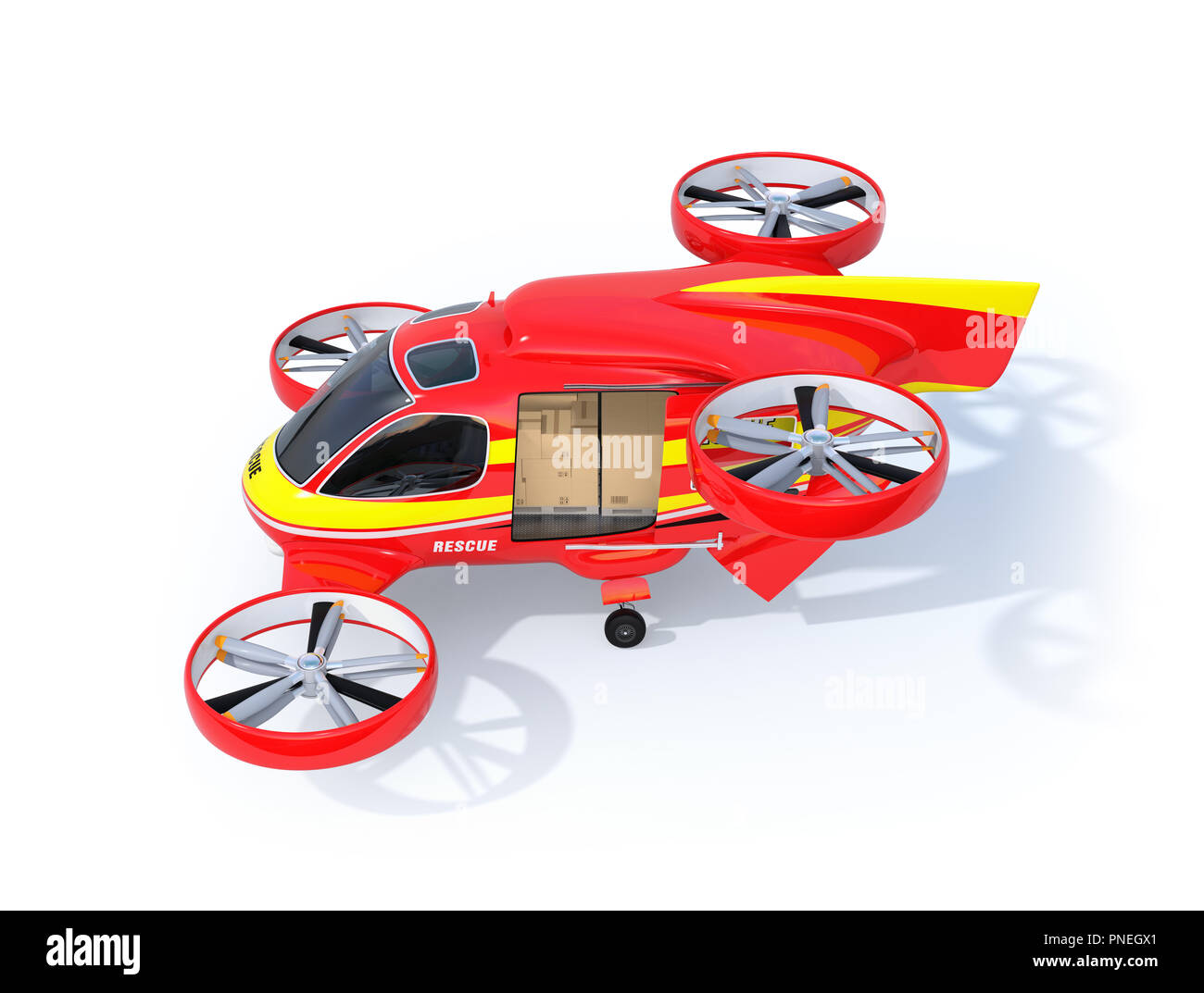 Side view of self-driving Rescue Drone parking on the ground with sliding door opened. Relief supplies in the drone. 3D rendering image Stock Photo