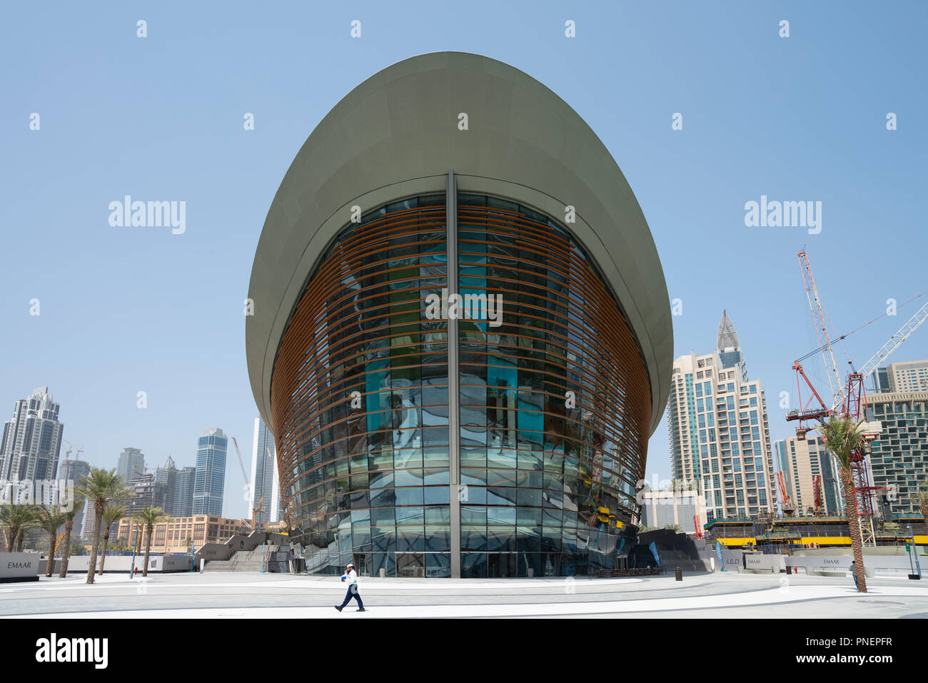Exterior view of new Dubai Opera House in Downtown Dubai, UAE, United